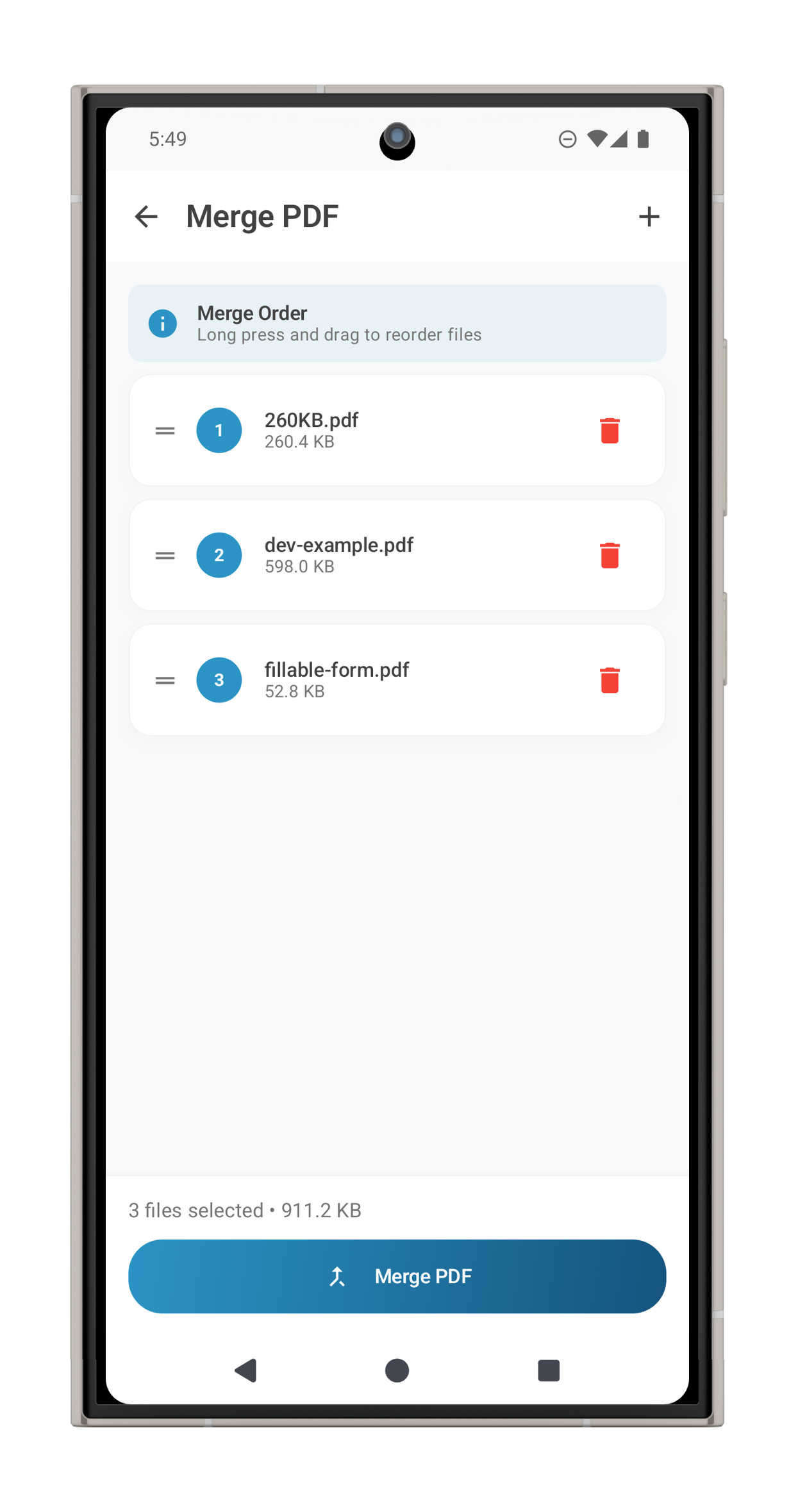 ProperPDF Merge PDF screen on Android
