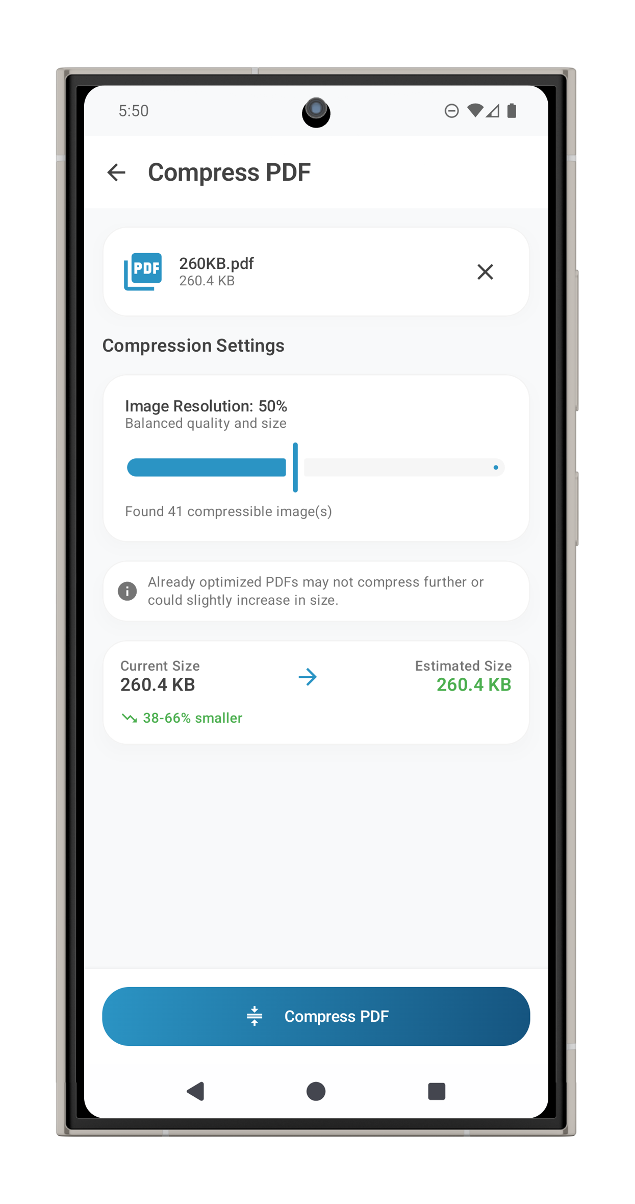 PDF compression settings on Android