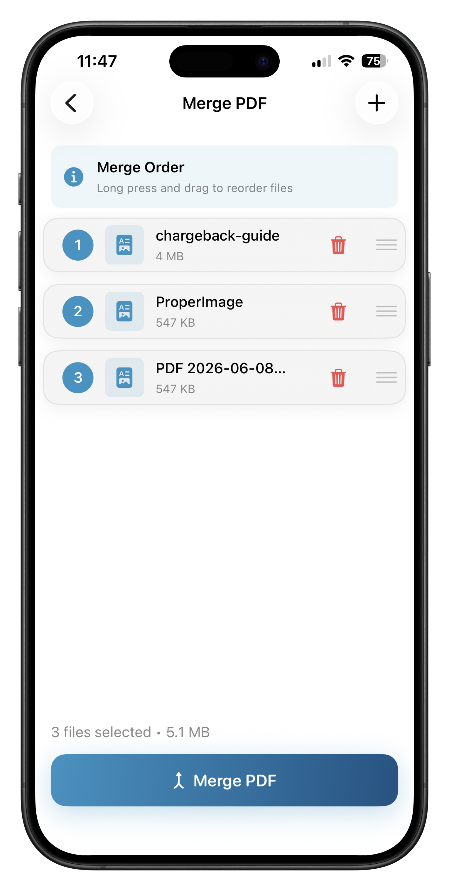 ProperPDF Merge PDF screen on iPhone