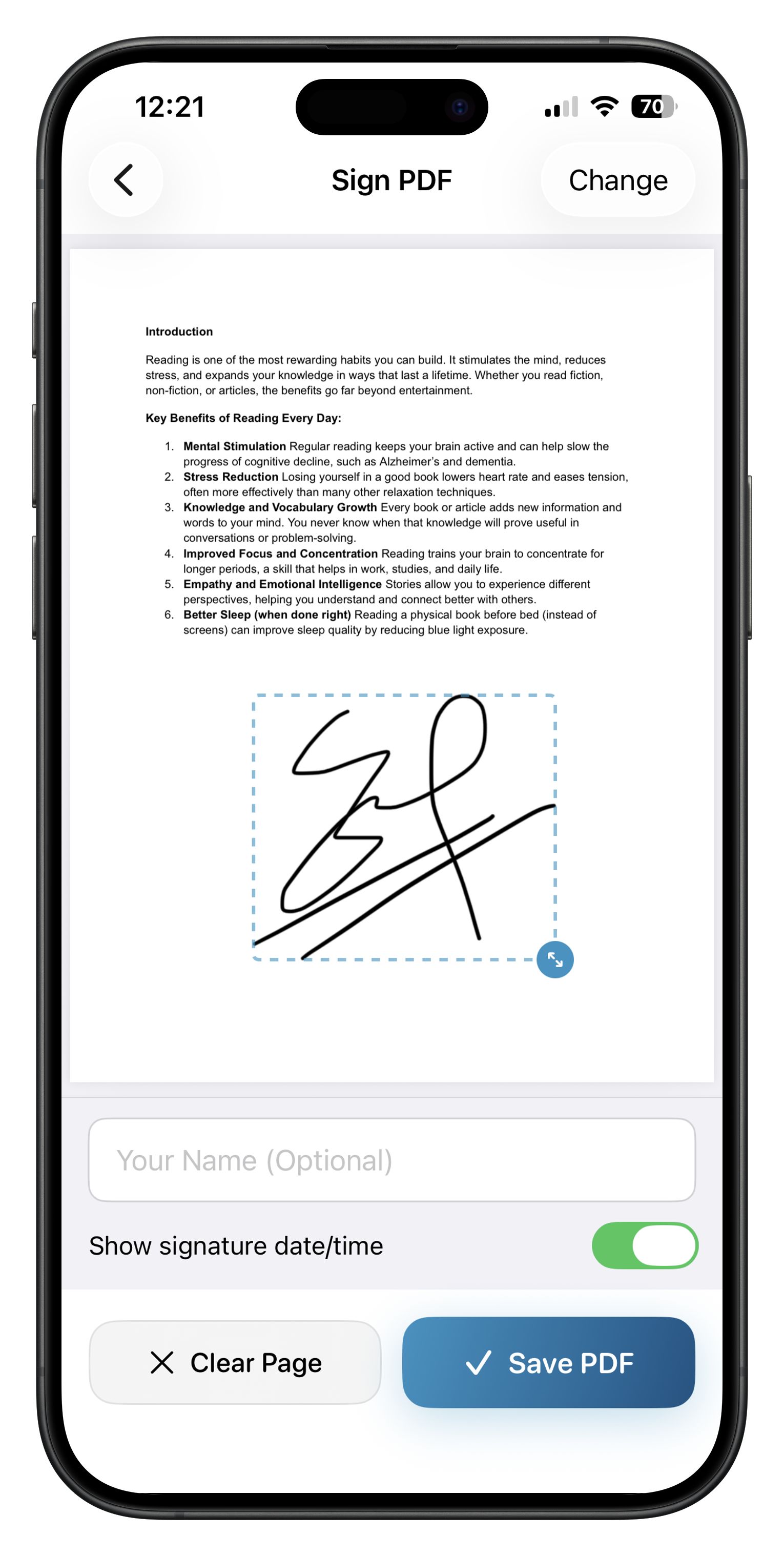 ProperPDF signing screen on iPhone